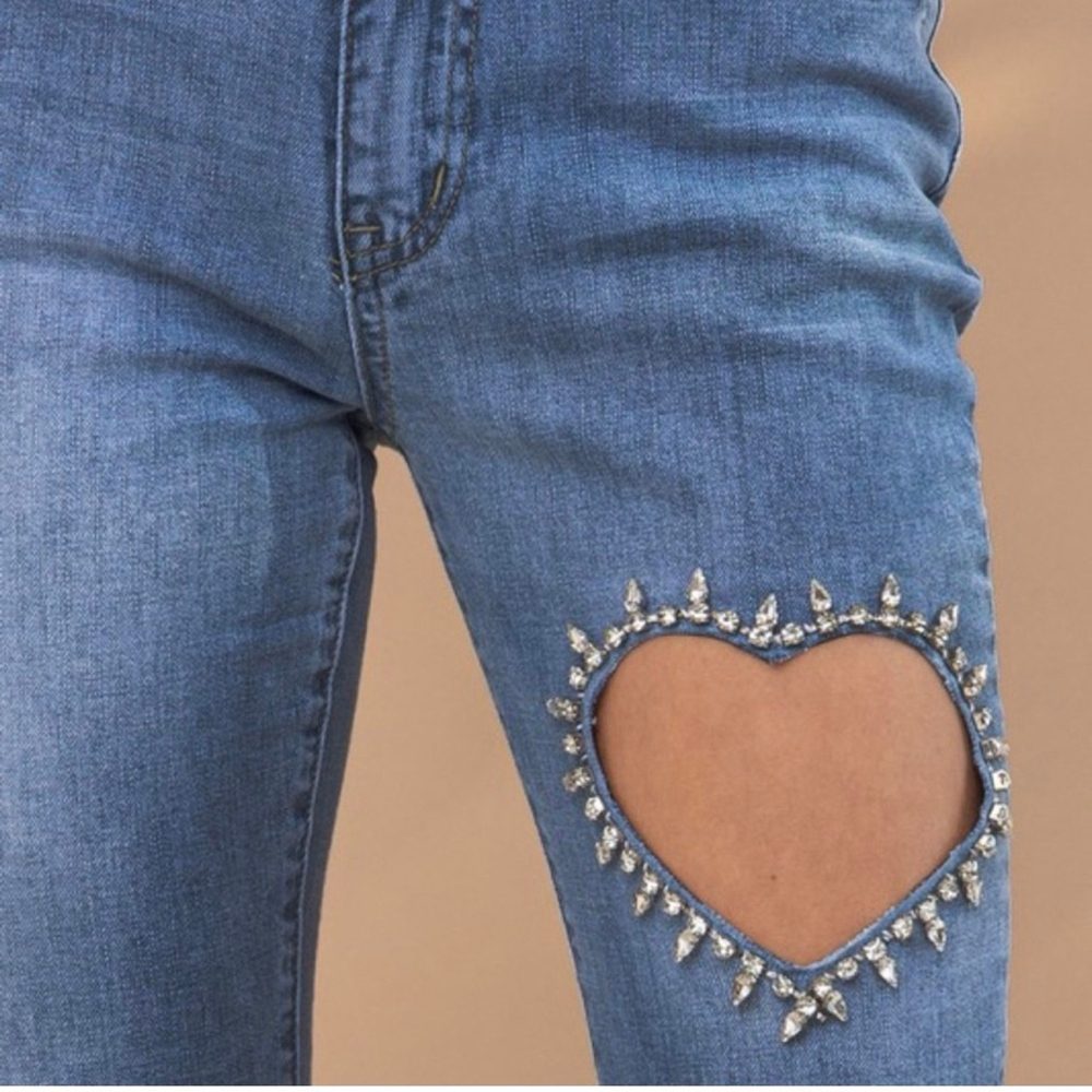 Blue B Ankle Cropped Jeans with Heart Cutout and rhinestones - Picture 2 of 4